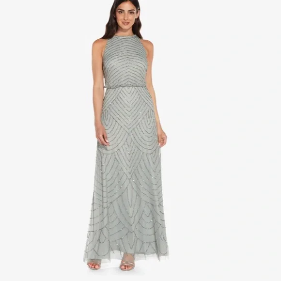 adrianna papell beaded blouson long dress Camel Long puffy sleeve with drappes midi pencil skirt dress- Livet L / Camel main image 1